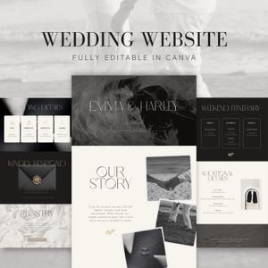 Può includere: Un modello di sito web di matrimonio minimalista. Il design include sezioni per i dettagli del matrimonio, l'itinerario del fine settimana e il registro. Il testo "WEDDING WEBSITE" e "FULLY EDITABLE IN CANVA" sono visualizzati in alto.