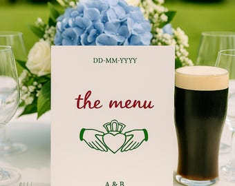 Cardápio de casamento no jardim irlandês Claddagh, modelo de menu de jantar editável (download digital), design de menu no Canva.