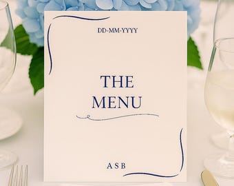 Chic White and Blue Wedding Menu Card Editable Template, Editable Dinner Menu Template (Digital Download), Canva Menu Design.