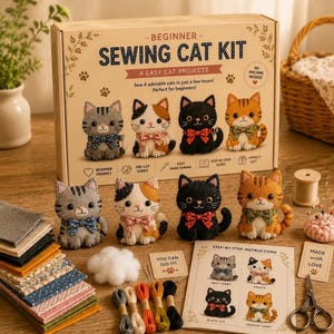 May include: A beginner sewing cat kit box with four felt cat plushies, stacks of patterned fabric squares, embroidery thread, stuffing, a step-by-step instruction booklet, and metal scissors. The box features the text BEGINNER SEWING CAT KIT.