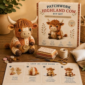 Lapptäcksdjur DIY-kit för söta handgjorda ornament med förskuret tyg och steg-för-steg-guide