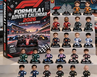 May include: A Formula 1 2026 advent calendar box featuring a race track graphic and 24 miniature bobblehead figures of racing drivers in team uniforms, each displayed on a small base with a tiny race car model and a helmet.