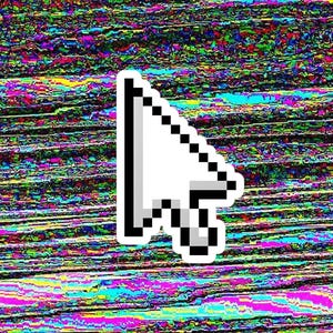 May include: A white pixelated computer mouse cursor icon with a black outline, featuring a pointed top and a small square base, set against a vibrant, multi-colored background with horizontal lines of blue, purple, green, and yellow.