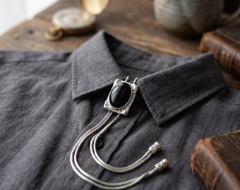 Silver Black Onyx Bolo Necklace Minimal Western Y Chain Gift For Her Mom Cowboy Jewelry