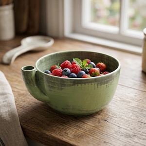 May include: A sage green ceramic berry bowl with a distressed finish and a small integrated spout on the side. The bowl is filled with a fresh mix of red raspberries, dark blue blueberries, and a sprig of green mint leaves placed on top.