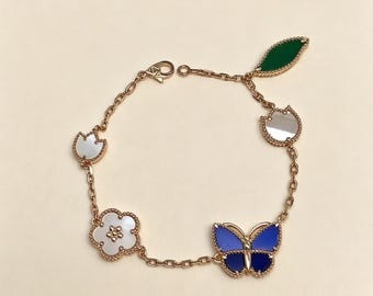 Zierliche Glück Klee Schmetterling Bettelarmband Blattgold Tulpe Natur Schmuck