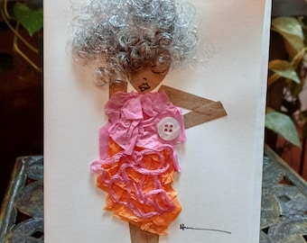 Handmade Blank Greeting Card – Mixed Media Floral Dress Art Card  | Pink and Orange Carnations