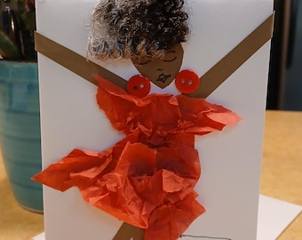 Handmade Blank Greeting Card – Red Dress Sassy Lady Art Card  | Red Dancing Carnations