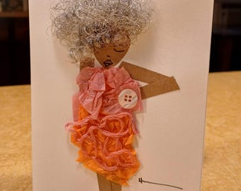 Tarjeta de felicitación en blanco hecha a mano – Tarjeta artística de una dama con vestido bicolor / Claveles rosas y naranjas