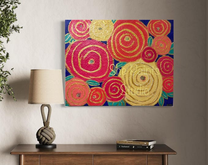 Original floral painting Textured Cheerful living room wall decor Abstract botanical art Bright blooms