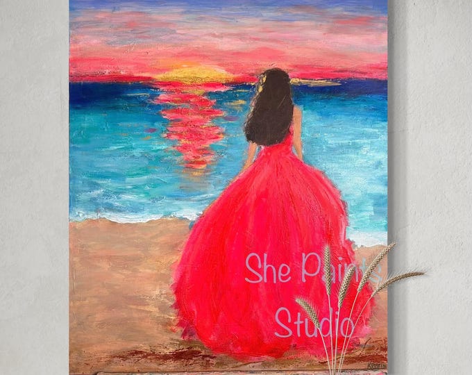 Original Acrylic Canvas Art – Woman Watching Fiery Sunset Beach Painting