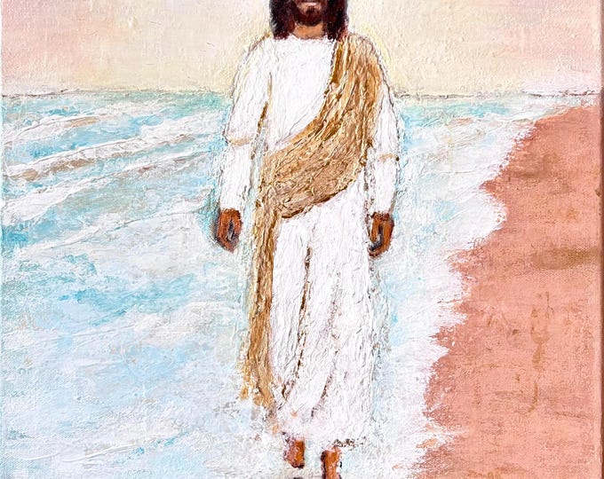 Textured Jesus Painting on Canvas: Walking on Shore Christian Wall Art