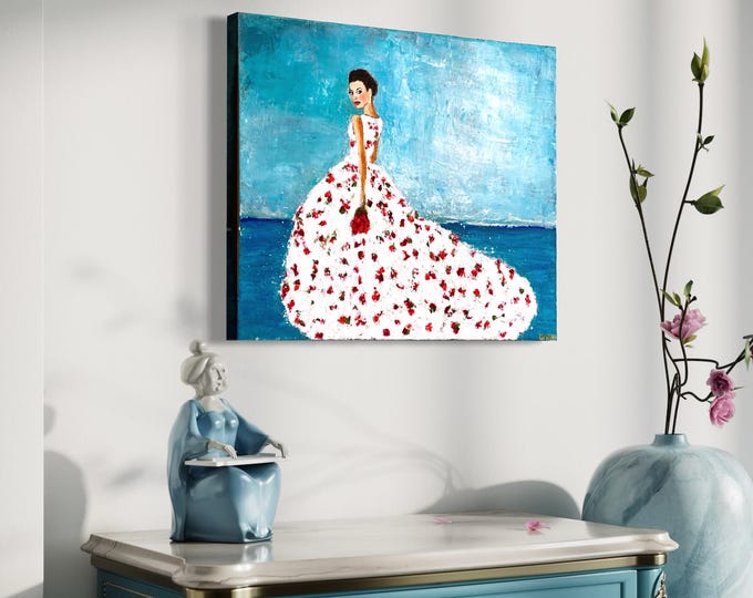 Textured Acrylic Painting – Original Canvas Art Woman in wedding dress Rose Blue Turquoise wall art