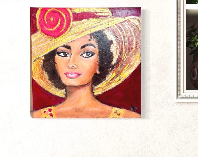 Textured Acrylic Portrait Painting – Woman Face Lady Hat Gold Accent Wall Art