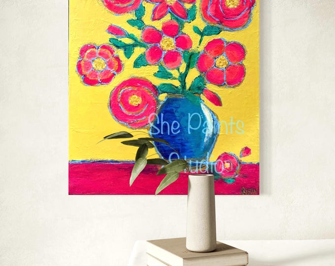 Original Textured Floral Painting, Colorful Flower Vase Art, Mexican Folk Style Home Decor