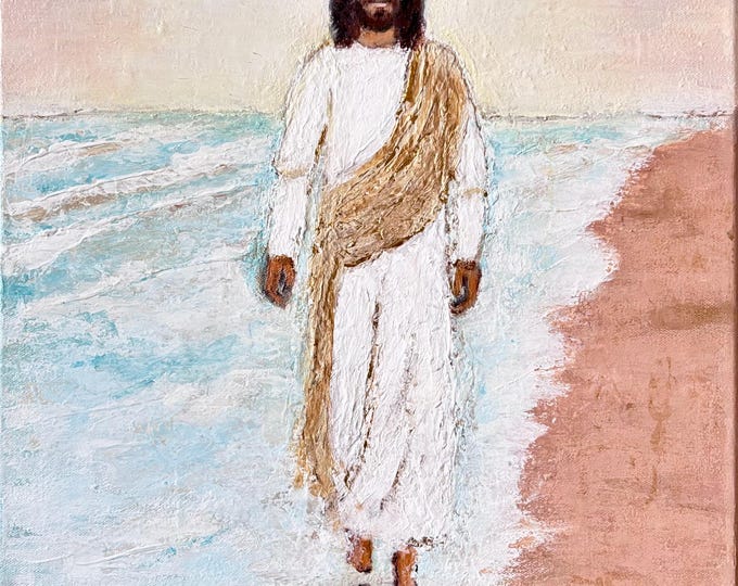 Textured Jesus Painting on Canvas: Walking on Shore Christian Wall Art