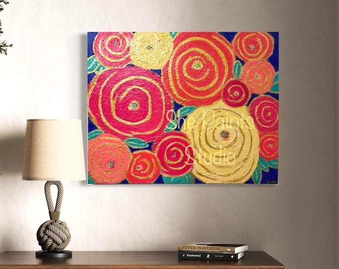 Original floral painting Textured Cheerful living room wall decor Abstract botanical art Bright blooms