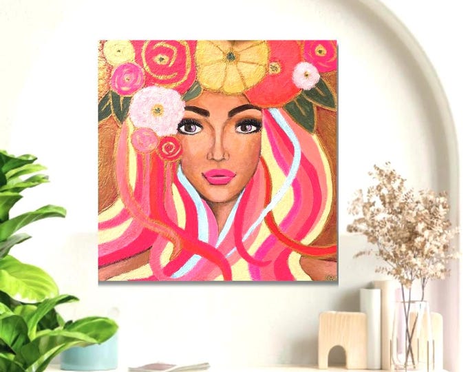 Original artwork  Acrylic Painting – Boho Floral - Woman Face  Wall Art