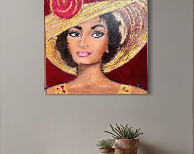 Textured Acrylic Portrait Painting – Woman Face Lady Hat Gold Accent Wall Art