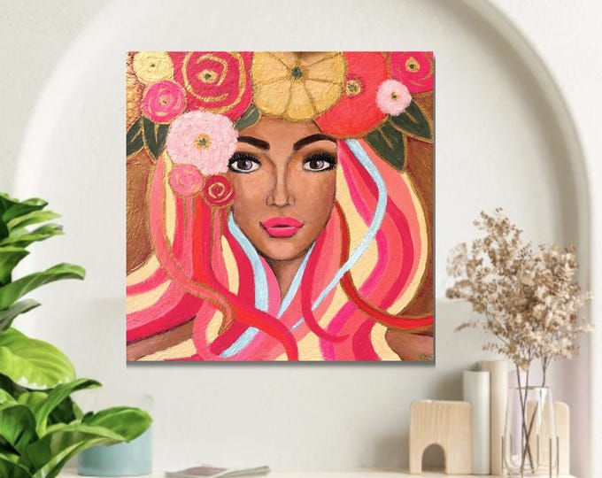 Original artwork  Acrylic Painting – Boho Floral - Woman Face  Wall Art