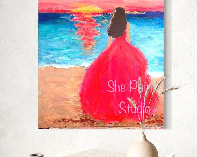 Original Acrylic Canvas Art – Woman Watching Fiery Sunset Beach Painting