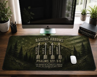 Custom Family Names Desk Mat, Raising Arrows Mouse Pad, Personalized Workspace Mat, Psalms 127 3 5 Gift, Family Desk Accessory Decor