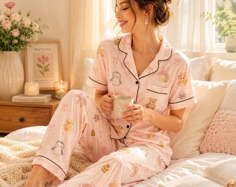 Jellycat Silky Pajama Set for Women and Kids, Cute Jellycat Character Satin PJs, Short Sleeve Matching Family Sleepwear, Luxury Soft PJs
