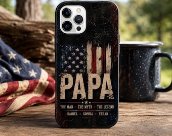 Personalized Papa Phone Case Custom Name Grandpa Phone Case Vintage American Flag Phone Cover Fathers Day Family Gift