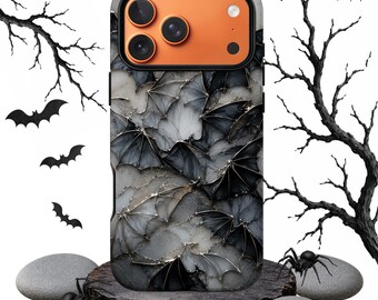 Dark Bat Phone Case, Gothic Marble iPhone Case, Magnetic Compatible Protective Case, Black Bat Pattern Cover, Dark Aesthetic Design