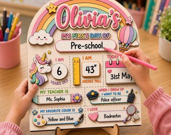 Personalized Preschool Sign, First Day of School Board, Custom Name Milestone Sign, Reusable Back to School Photo Prop, Kindergarten Sign