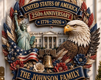 Custom Family Name 250th Anniversary Door Sign, Personalized Patriotic Eagle Wood Wreath, 1776 2026 Front Door Decor, July 4th Gift