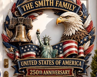 Personalized 250th Anniversary Door Sign, Custom Family Name Wood Wreath, 1776 2026 Patriotic Front Door Hanger, July 4th Porch Decor