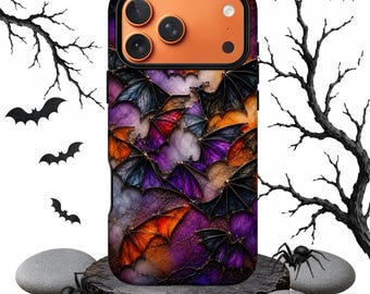 Halloween Bat Phone Case, Gothic Marble iPhone Case, Dark Bat Pattern Cover, Purple Orange Protective Case, Magnetic Compatible