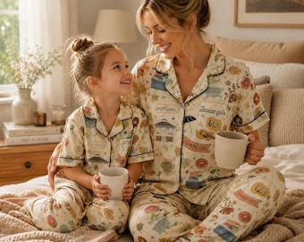 Blue Gold Pajama Set for Women, Cozy Coffee Lover Sleepwear, Vintage Small Town Pajamas, Autumn Lounge Set, Satin PJ Gift for Her