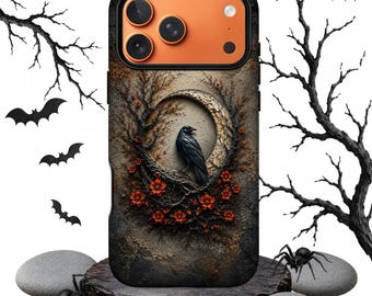 Gothic Raven Phone Case, Dark Nature iPhone Case, Black Bird Floral Cover, Crescent Moon Art Case, Magnetic Compatible Protective Case