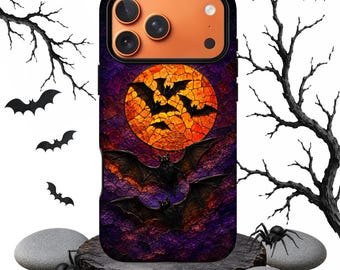Halloween Bat Moon Phone Case, Gothic Moon iPhone Case, Purple Orange Protective Cover, Dark Halloween Phone Case, Magnetic Compatible