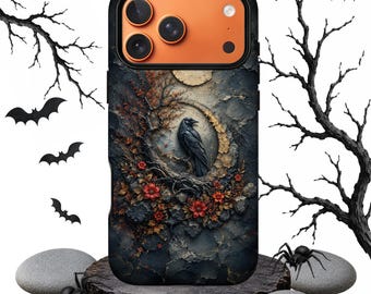 Gothic Raven Moon Phone Case, Dark Nature iPhone Case, Black Bird Floral Protective Cover, Crescent Moon Phone Case, Magnetic Compatible