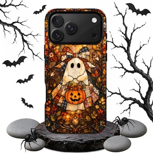 Cute Ghost Halloween Phone Case, Stained Glass Patchwork Style, Pumpkin Autumn Design, Spooky Protective Phone Cover for Fall