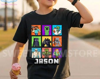 Camiseta personalizada con nombre de jugador, camiseta infantil con bloques pixelados, sudadera de videojuegos