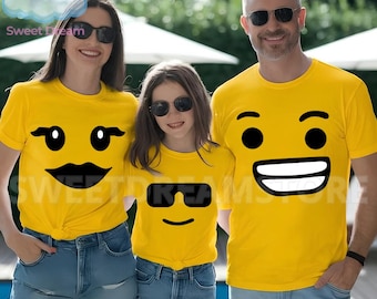 Gele T-shirts met bouwsteenpersonage, bijpassende T-shirts voor verjaardagsfeestjes