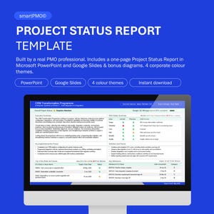 May include: A blue graphic advertising a project status report template. The text reads "PROJECT STATUS REPORT TEMPLATE" and includes options for PowerPoint, Google Slides, and 4 colour themes. A computer screen shows a sample report.