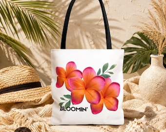 Bloomin' Pink Orange Plumeria Flowers Tote Bag | Floral Beach AOP