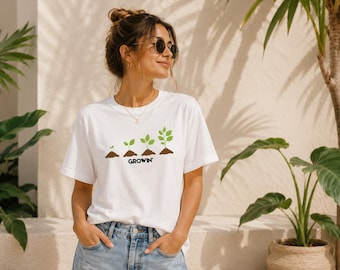 Illustratie van het groeiproces van zaadje tot plant | Cropped T-shirt met tuinthema