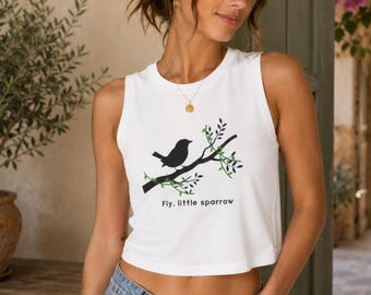 Fly Little Sparrow bird silhouette Crop Top | nature branch illustration