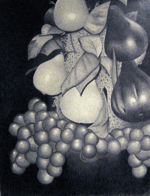 Still Life Fruit Bowl Black White Graphite Drawing Grapes Pears Leaves