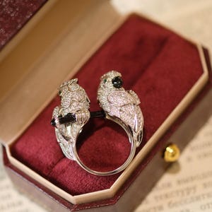 Sterling Silver Pavé CZ Cockatoo Ring, 18K White Gold Plated, Art Deco Statement Ring