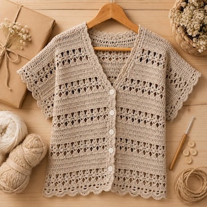 May include: A beige crochet cardigan featuring a V-neckline, short sleeves, and a front button closure. The garment is crafted with an intricate openwork pattern, scalloped edges along the hem and sleeves, and five small white buttons.