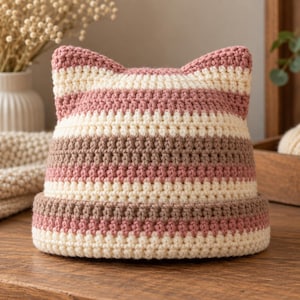 May include: A crochet beanie with two pointed cat-like ears at the top. The hat features horizontal stripes in alternating colours of cream, dusty rose pink, and light brown. The design includes a thick, folded brim at the base of the hat.
