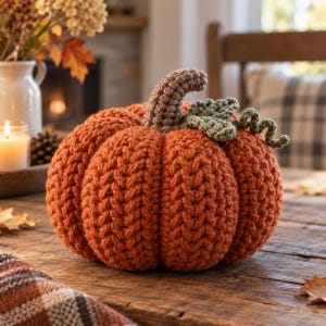 May include: A round, orange crocheted pumpkin featuring a thick, textured knit pattern. The pumpkin has a brown crocheted stem and two sage green crocheted leaves with a small, curly green vine attached to the top of the pumpkin surface.