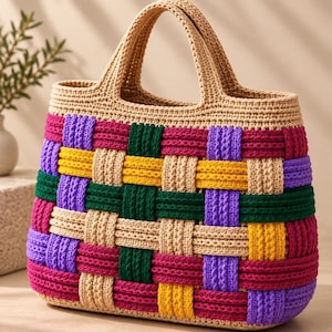 Peut inclure: Un sac cabas structuré en fil crocheté présentant un motif tressé en forme de panier. Le design intègre des bandes horizontales et verticales dans des tons vifs de beige, magenta, vert foncé, jaune vif et violet.